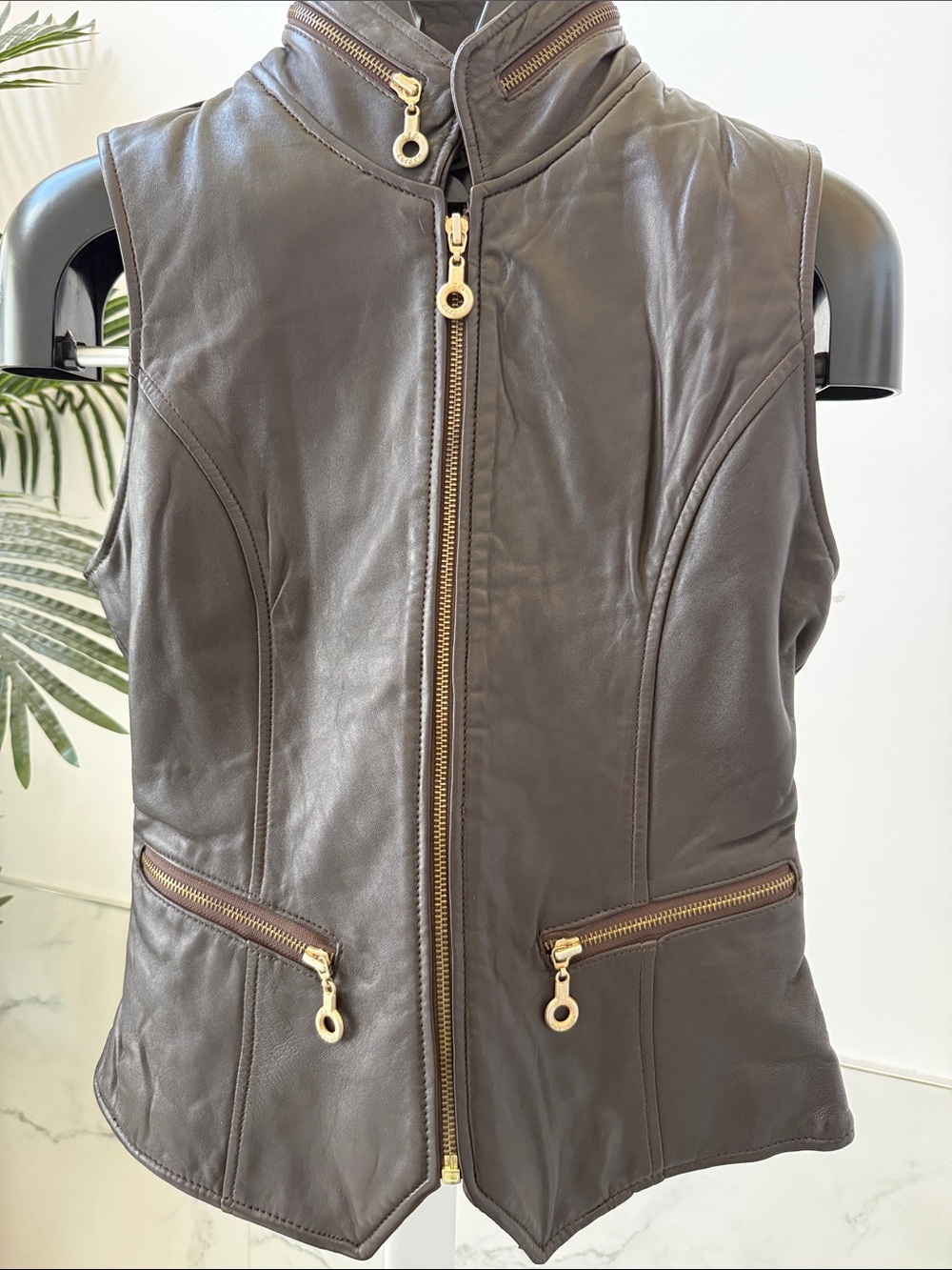 Vintage Rem Garson The Second Skin Leather Vest Moto Goth Gold Zip Womens Small